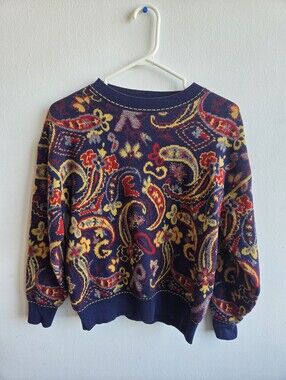 Vintage Japan Navy Paisley Crewneck Sweater with Red & Yellow Accents